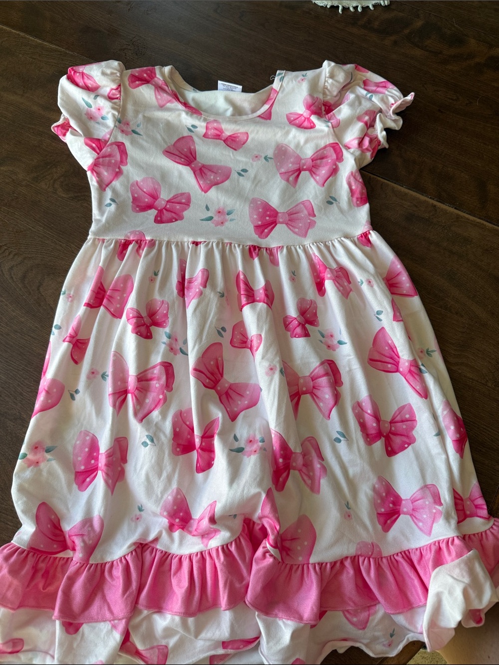 Girls Pink Bow Print Ruffle Hem Dress